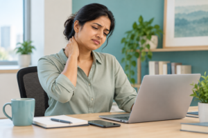 Illustration of an office worker experiencing neck pain at a laptop