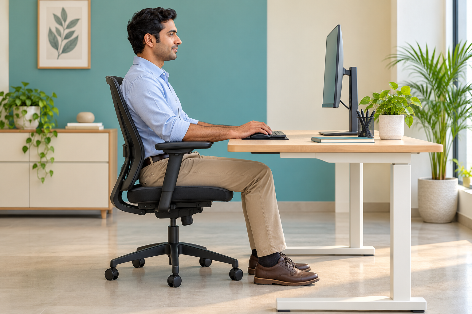 Desk posture for neck pain care with monitor at eye level and supported arms